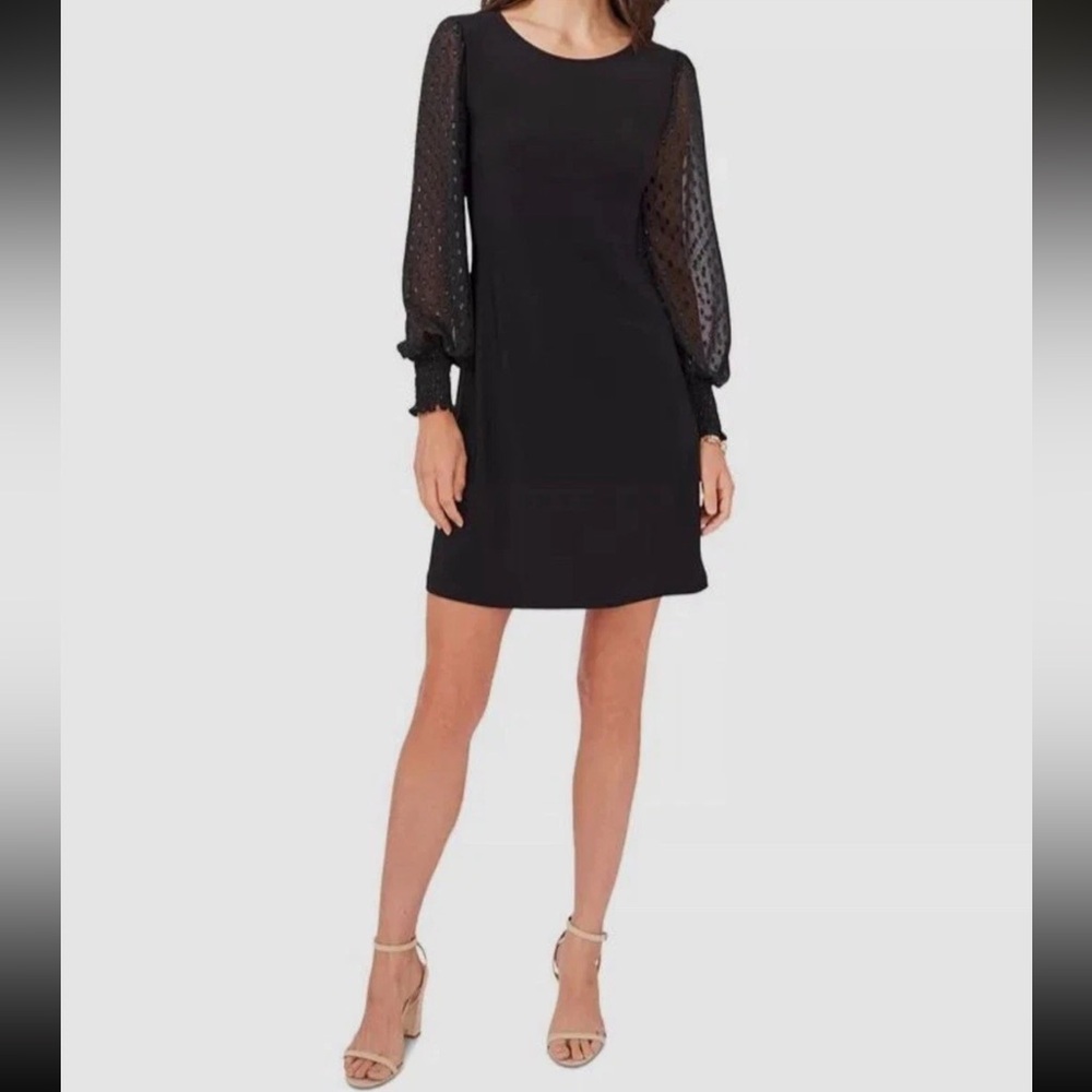 MSK Women Black Clip Dot Long Sleeve Sheath Dress Petite Size PXL